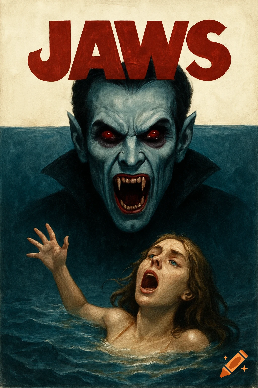 A vampire figure looms over a screaming person in water, with the text JAWS above.