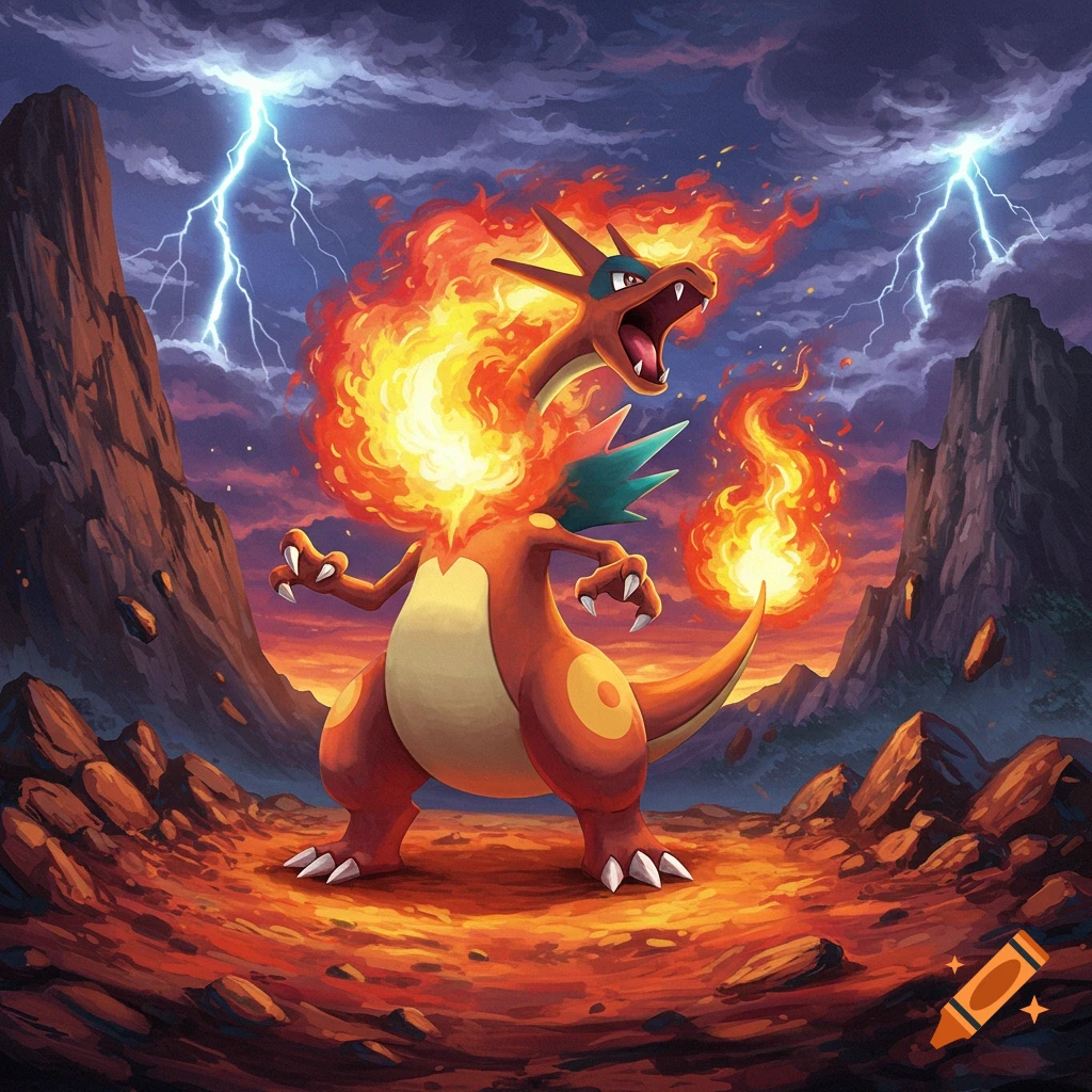 Charizard roars amidst lightning and fire in a volcanic landscape. on ...