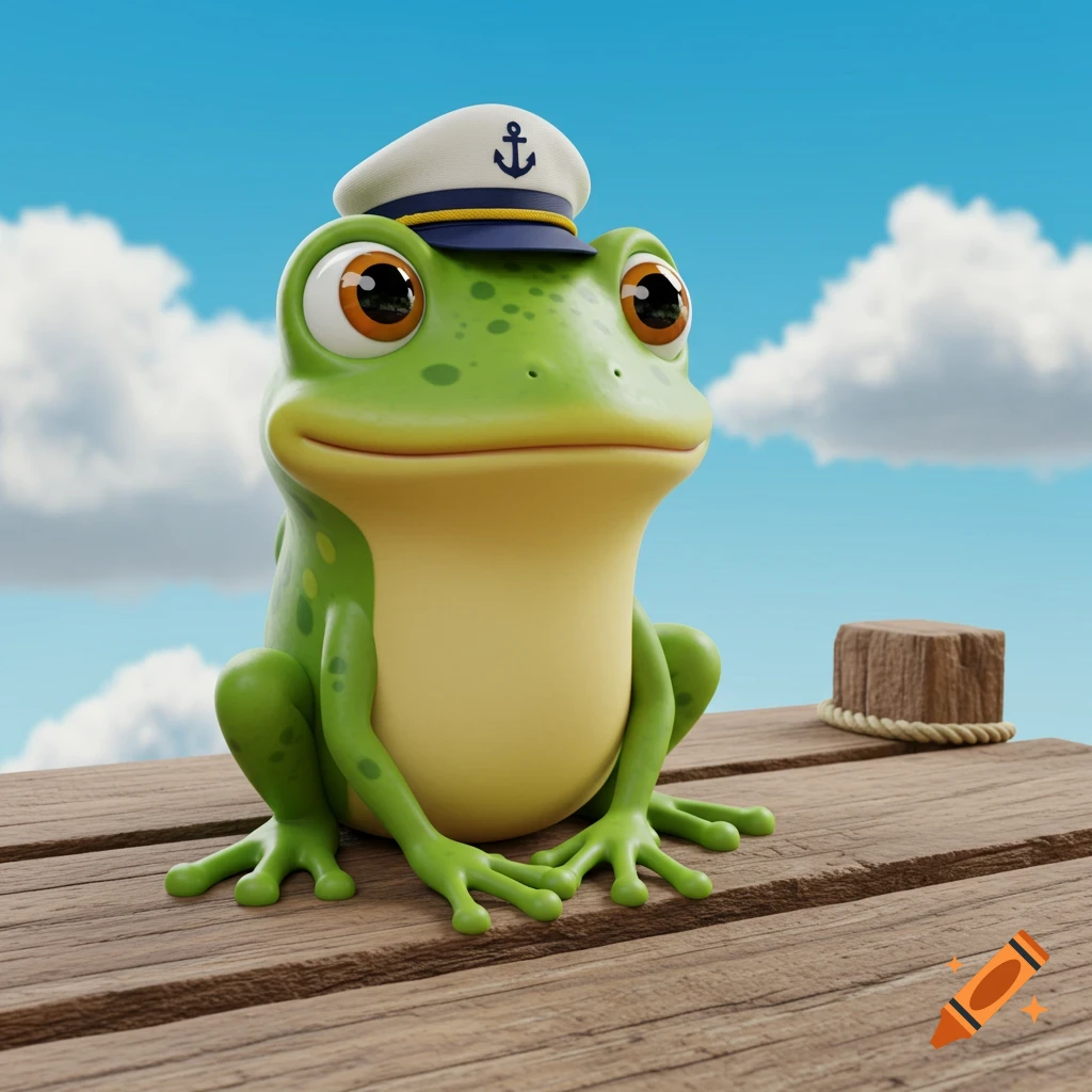 A 3D cartoon frog wearing a captain's hat sits on a wooden dock.