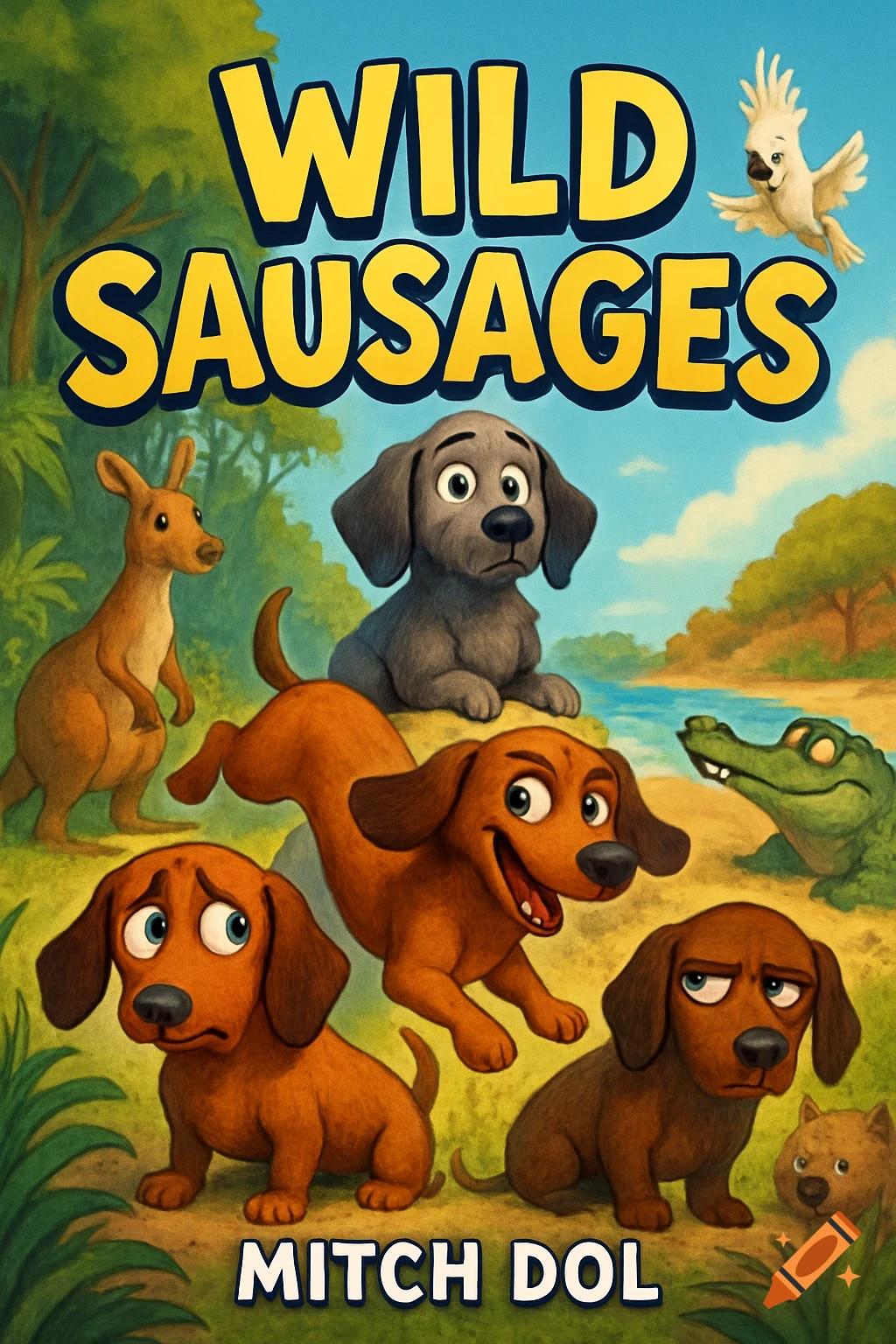 Cartoon book cover for 'Wild Sausages' featuring animated dogs, kangaroo, crocodile, and cockatoo in a vibrant landscape.