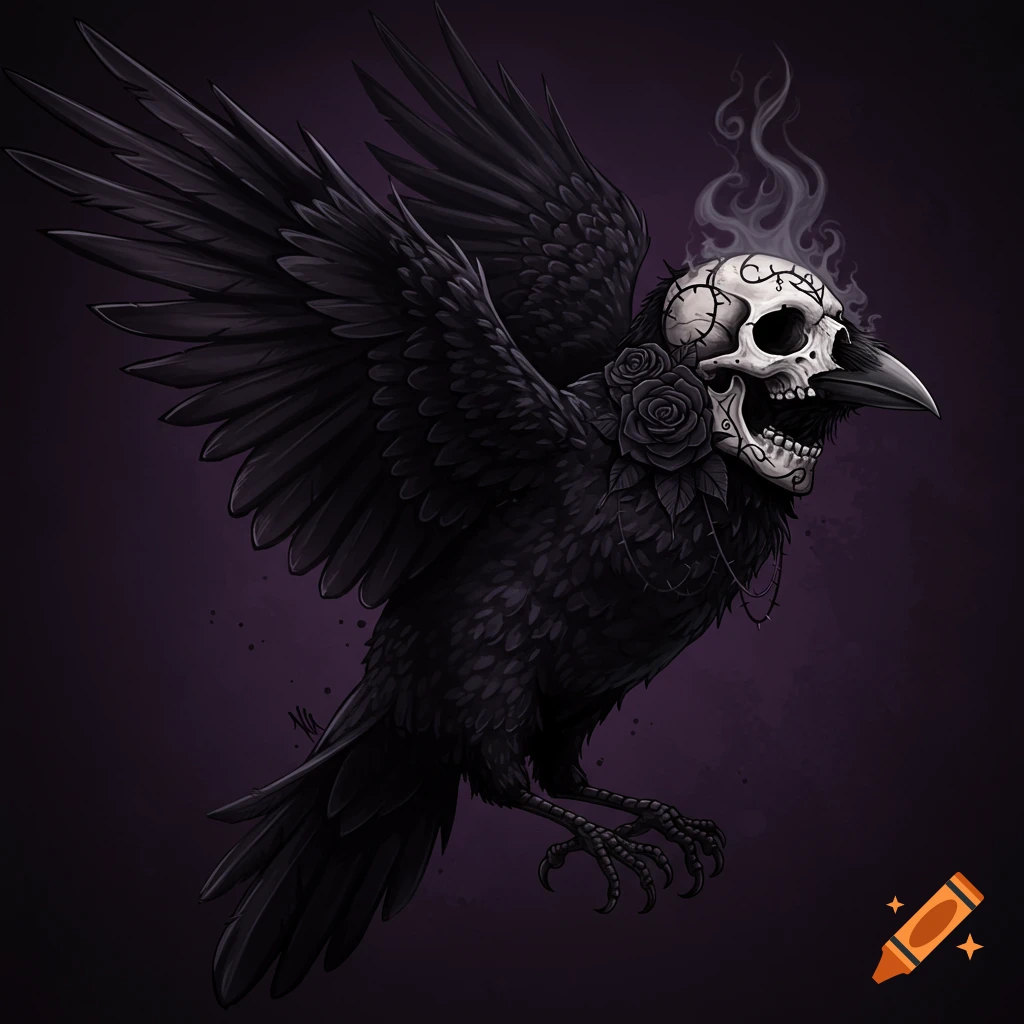 Stylized illustration of a black crow with a skull for a face, adorned with black roses and chains, against a dark purple background.