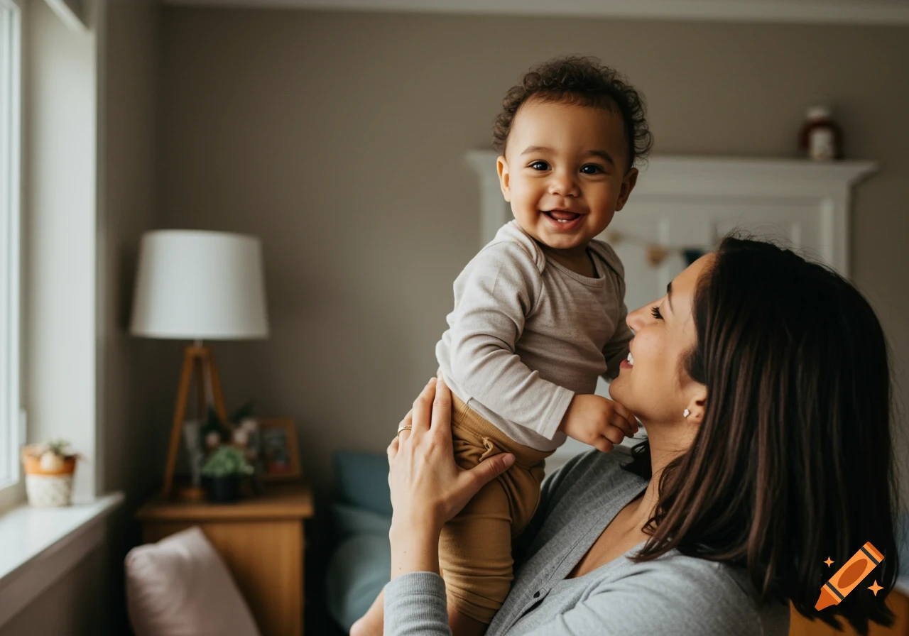 A mother holds a smiling baby in a cozy home setting, natural light.
