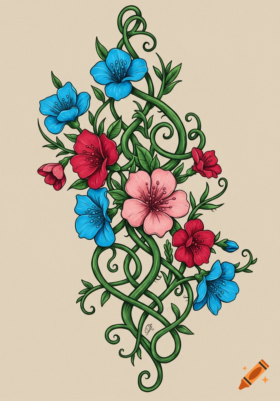 An illustration of blue, pink, and red flowers intertwined with green vines on a light background.