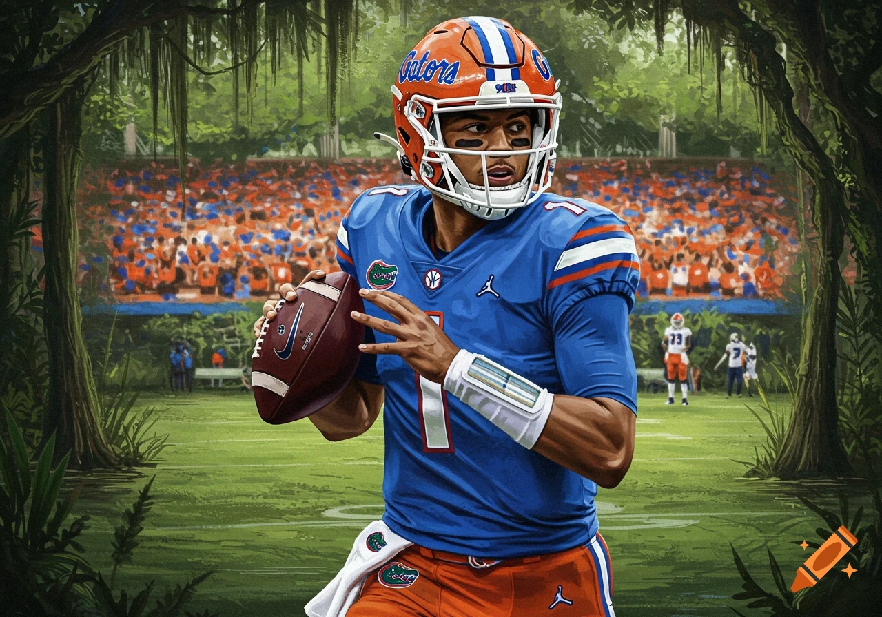 Stylized digital painting of a Florida Gators quarterback in a swampy stadium holding a football.