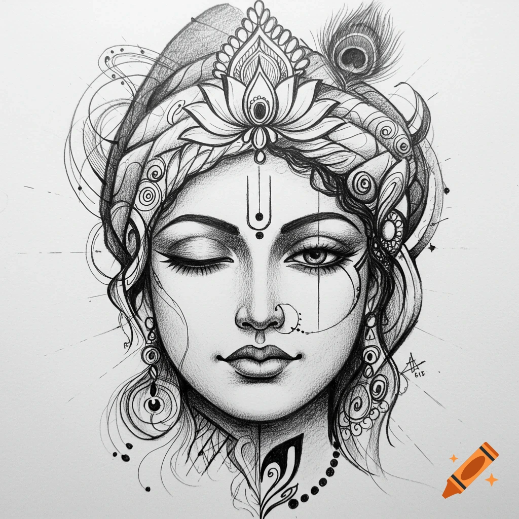 Monochrome pencil sketch of a meditative face inspired by Krishna, with one eye closed and intricate abstract details.