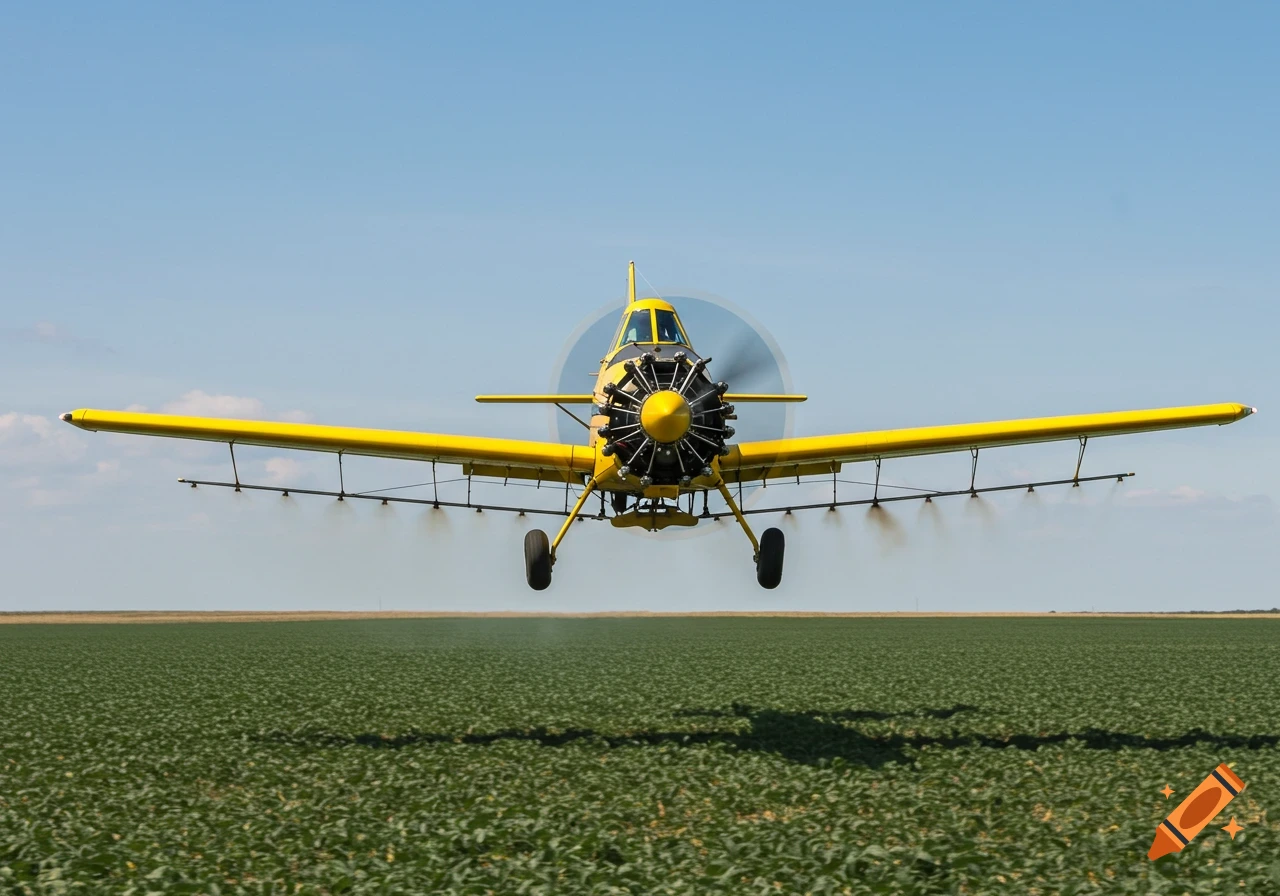 A yellow crop duster airplane flies low over a green field, spraying from the front, photorealistic.