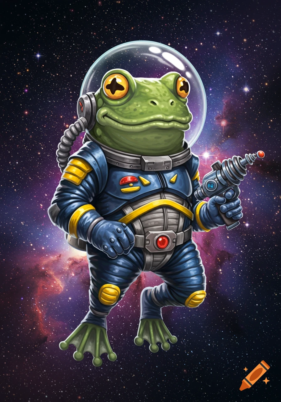 An illustration of a cartoon frog astronaut holding a ray gun in space.