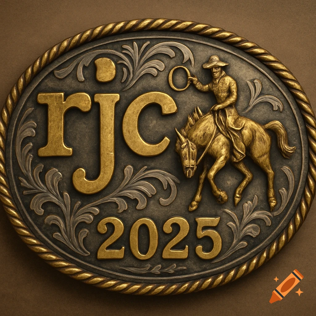 Belt buckle with 'RJC 2025' and a cowboy riding a horse, in metal.