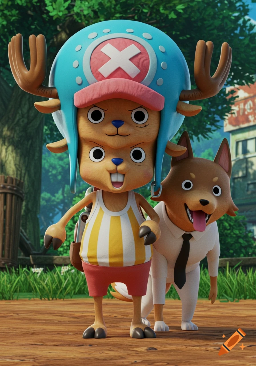 3D rendered characters resembling Chopper from One Piece and Pochita from Chainsaw Man standing outdoors.