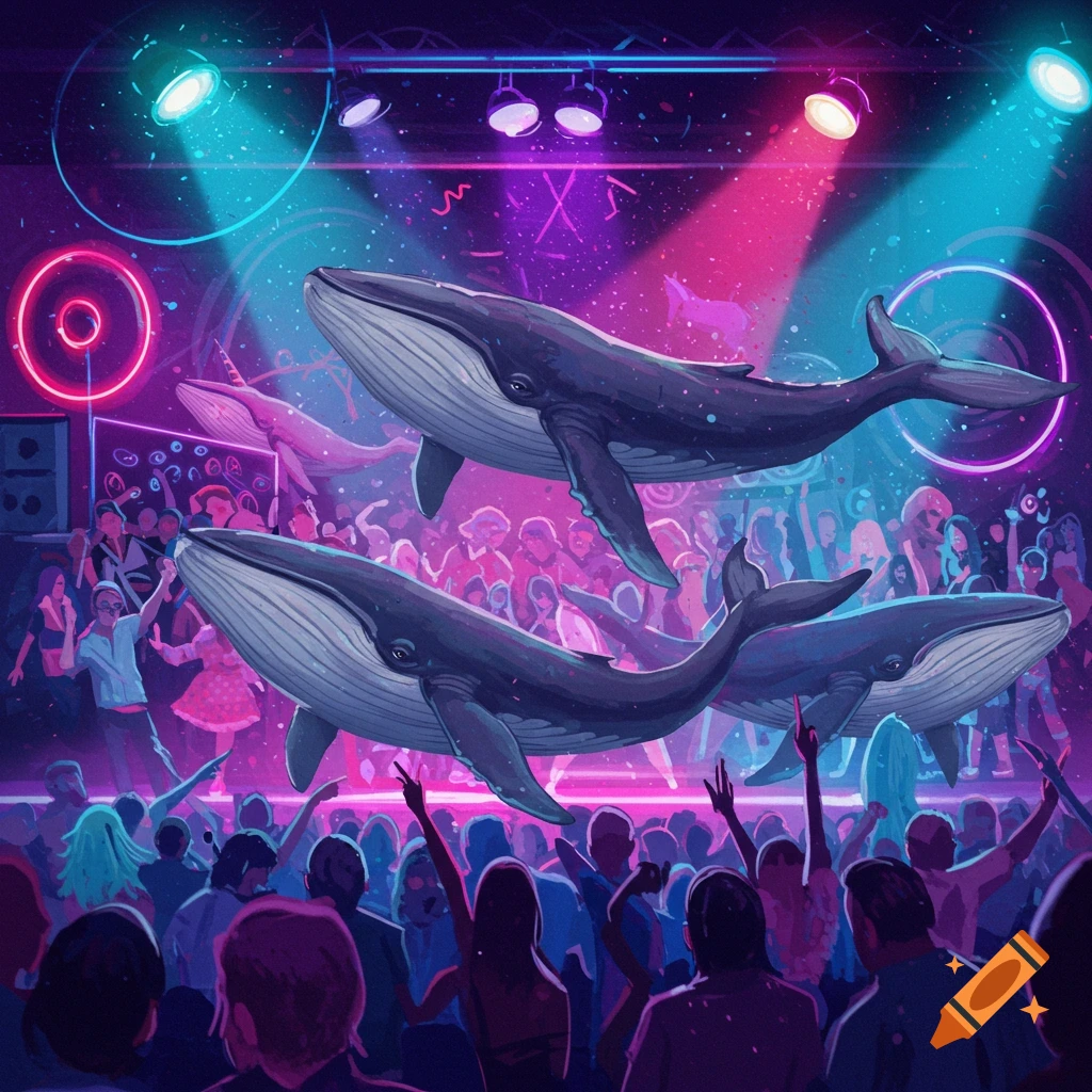 Whales and unicorns float above a crowd dancing at an 80s style party with neon lights.