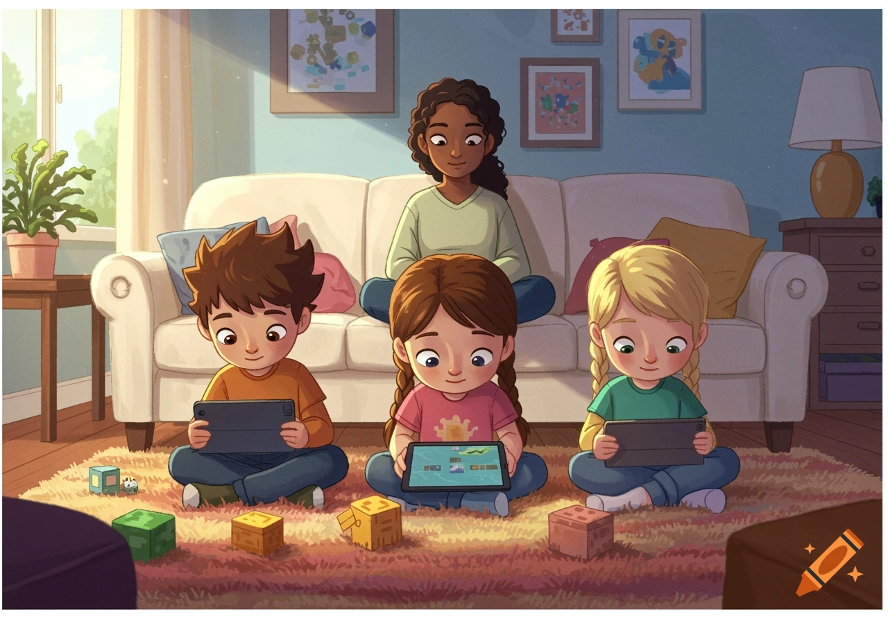 Cartoon of kids and parent playing games on tablets in a living room.