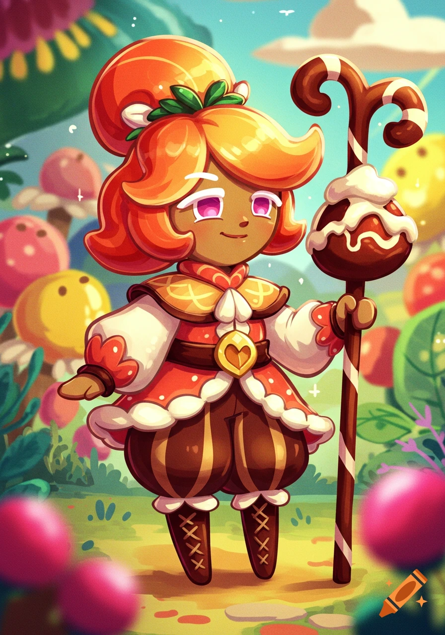 A cartoon cookie-like character with orange hair and festive outfit stands in a colorful, mushroom-filled fantasy landscape, holding a candy cane staff.