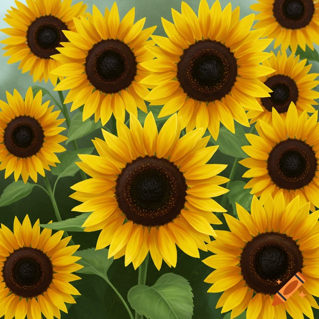 Close-up of many bright yellow sunflowers with dark centers.
