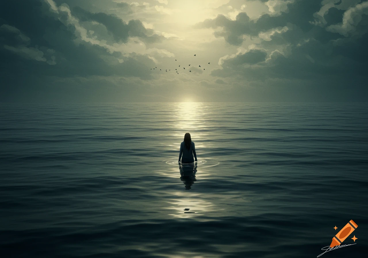 Figure stands alone in the ocean looking towards the sun under a dramatic sky.