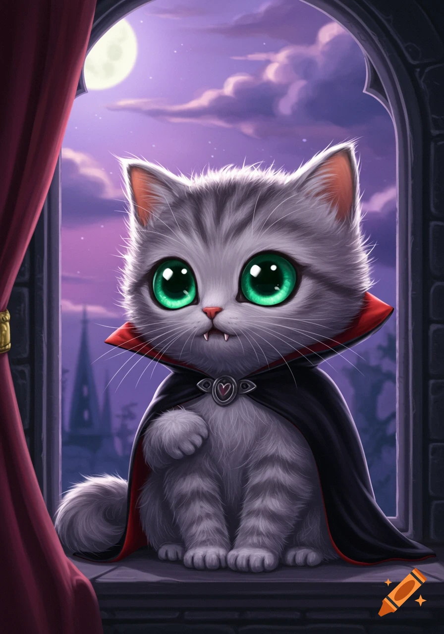 A cute cartoon grey kitten in a vampire cape sits on a window ledge, looking at a full moon over a castle at night.