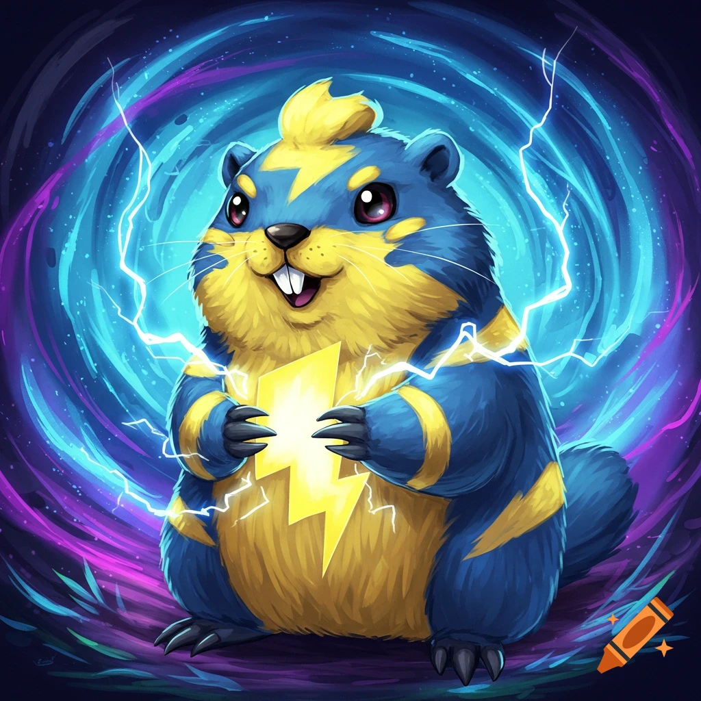 A cute cartoon electric beaver or marmot holding a glowing lightning bolt against a swirling blue and purple electric background.