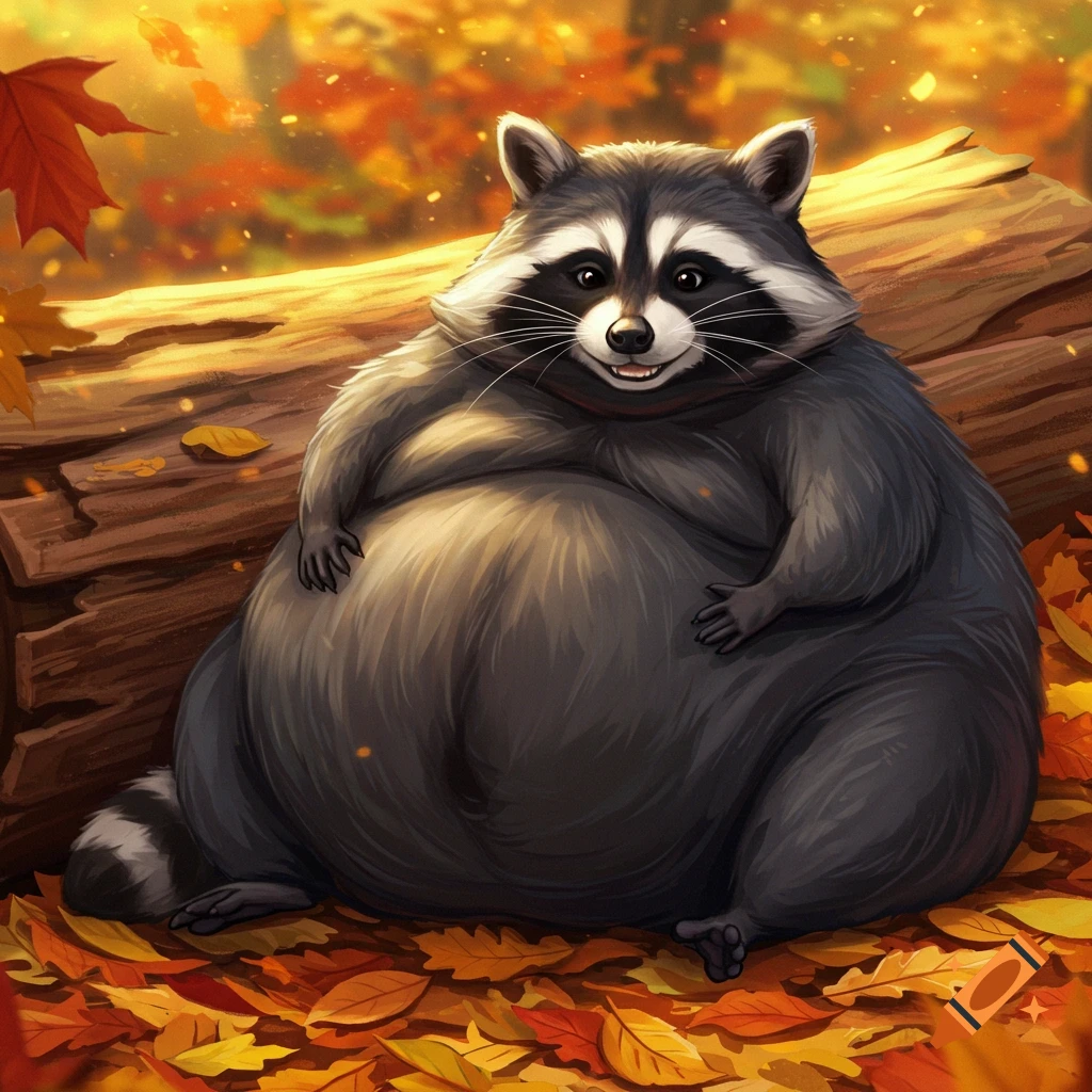 An obese cartoon raccoon sits on a bed of autumn leaves next to a log, smiling.