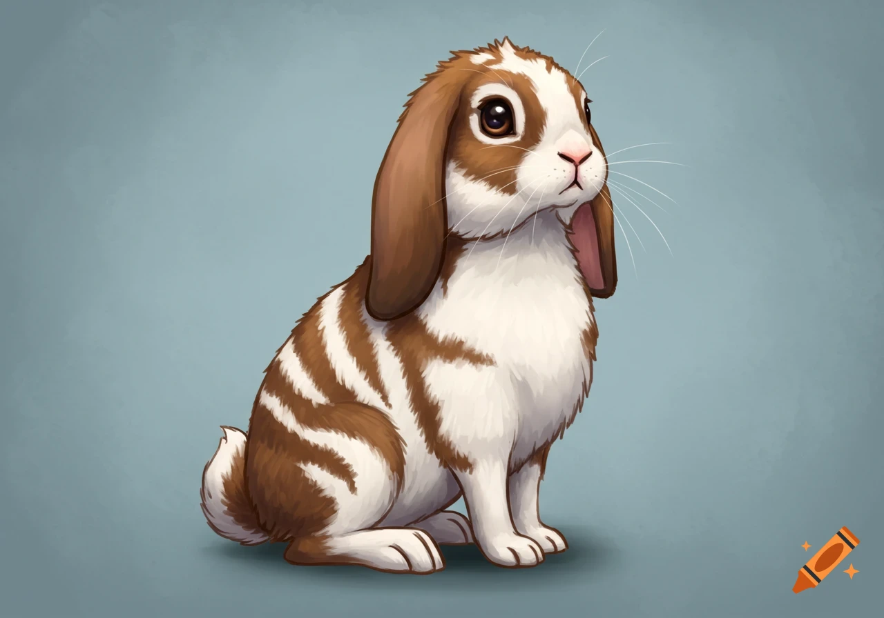 A stylized illustration of a brown and white striped rabbit.
