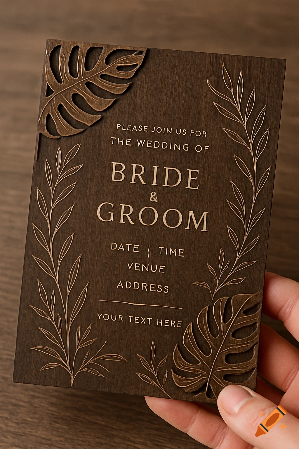 Rustic wooden wedding invitation card with laser-cut tropical leaves and text placeholders, held by a hand.