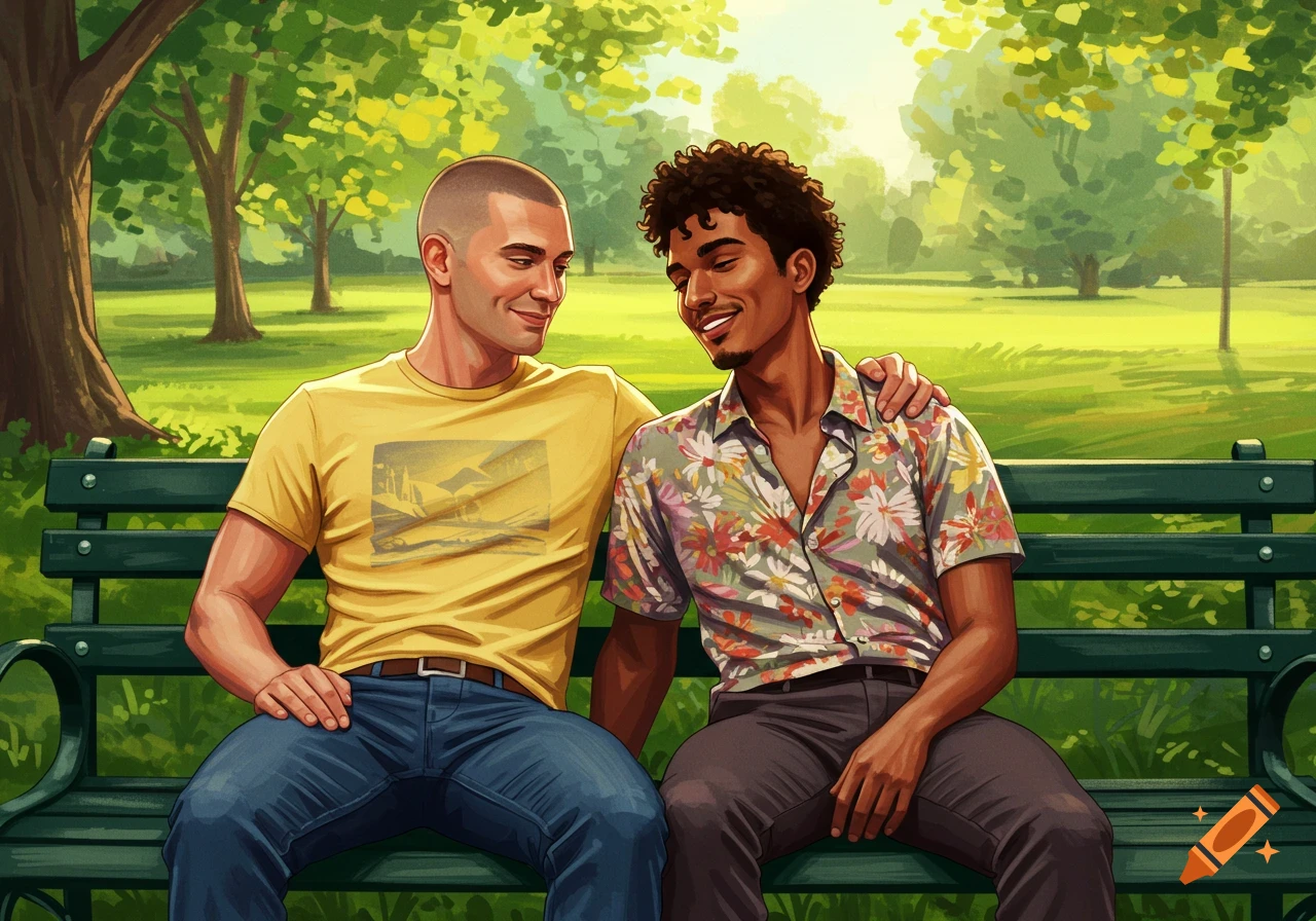 Illustrative painting of two men sitting closely on a park bench, smiling at each other.