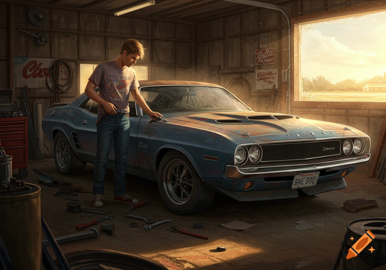 A young man works on a classic blue car in a messy garage at sunset.
