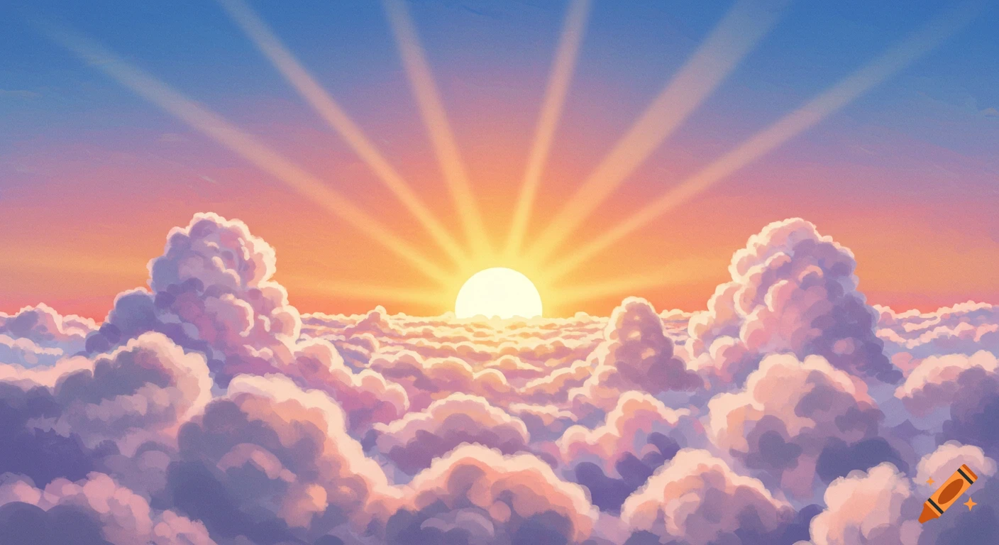 Painterly illustration of a bright sunrise over a sea of clouds, with sun rays beaming upwards.