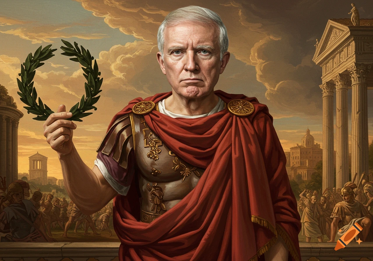 Painting of a man in Roman military attire holding a laurel wreath before ancient architecture.