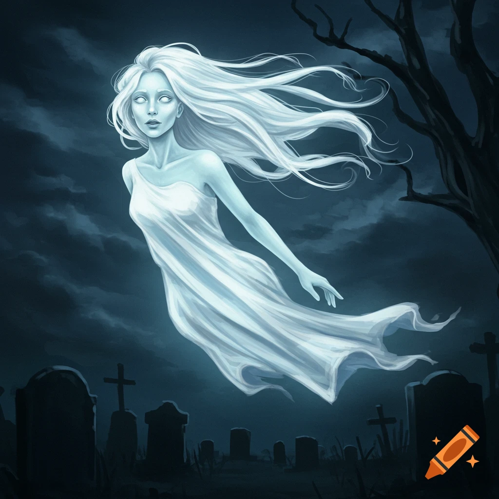 Illustration of a ghostly woman floating over a cemetery at night.