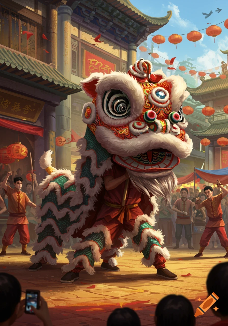 A vibrant Chinese lion dance is performed in a street scene with traditional buildings, red lanterns, and a crowd.