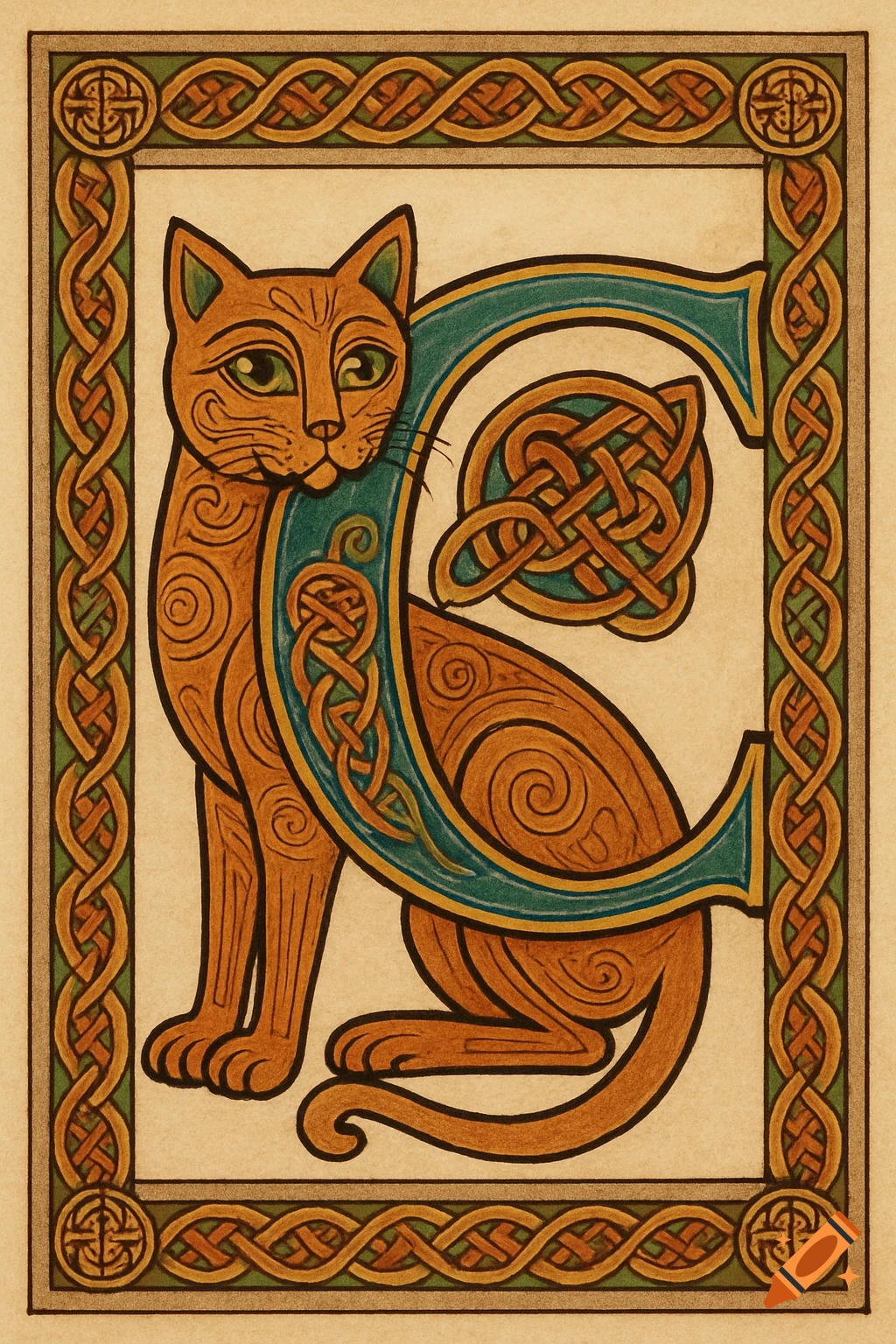 Stylized orange cat in a Celtic knot border, holding a blue letter C with knotwork.