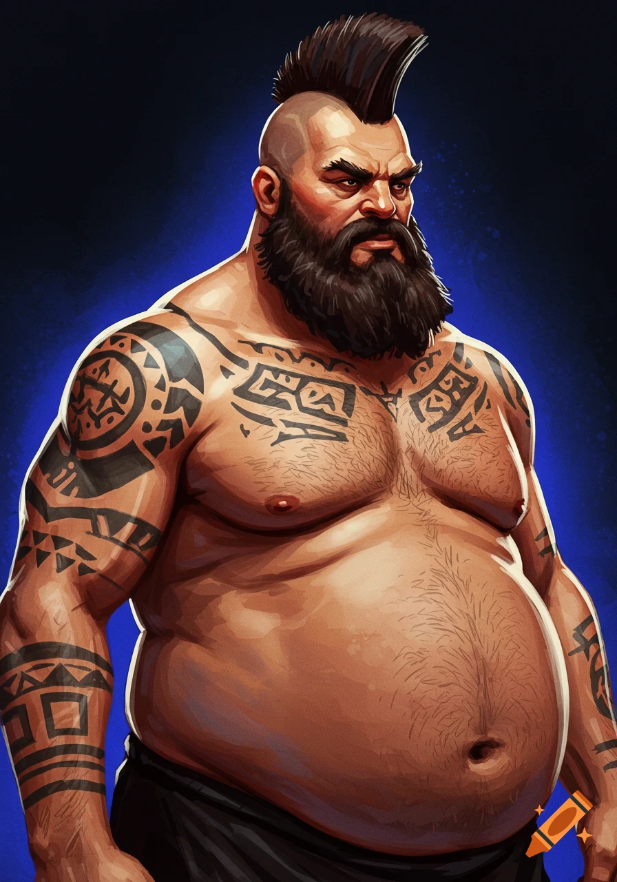 Illustration of a large man with a mohawk, beard, big belly, and tribal tattoos.