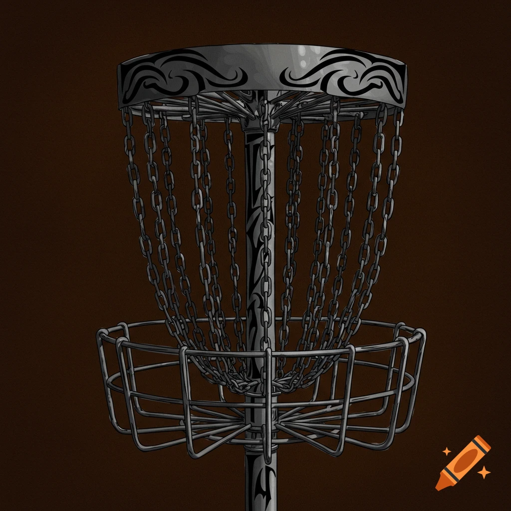 A disc golf basket rendered in a tribal tattoo style.