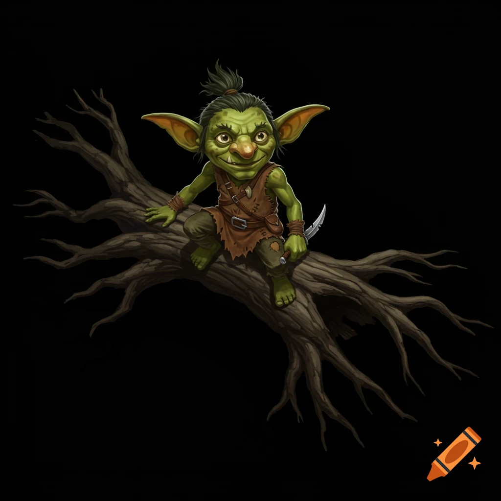 A green goblin with big ears sits on a bare tree branch.