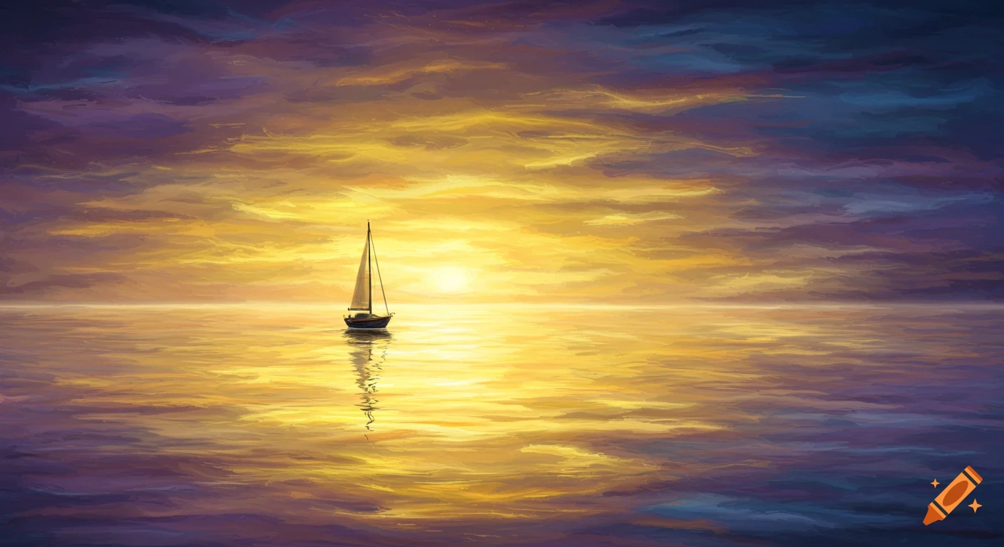 A painterly image of a sailboat on water under a vibrant sunset sky, with colorful reflections.
