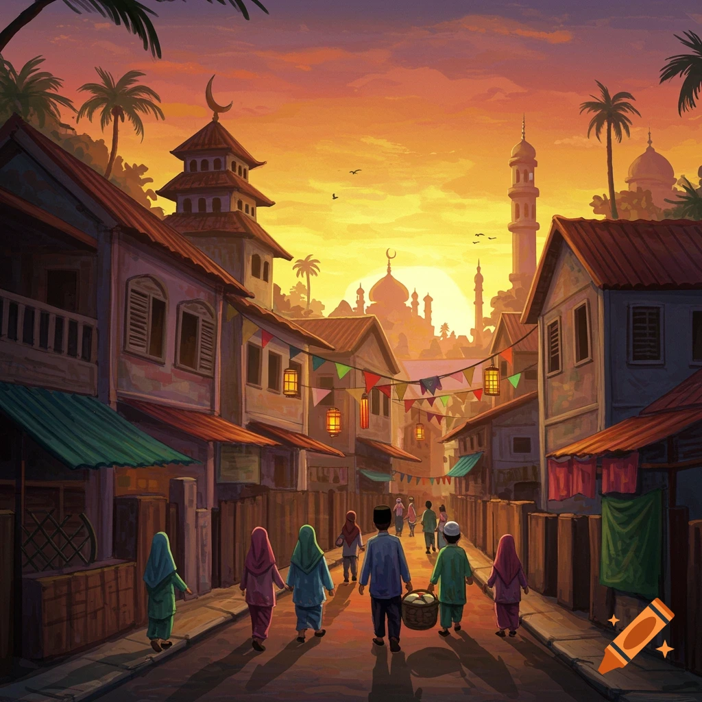 Painterly scene of people walking down a street towards mosques at sunset.