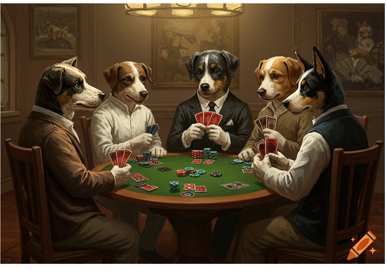 Anthropomorphic dogs in suits play poker at a table, in the style of a classic painting.