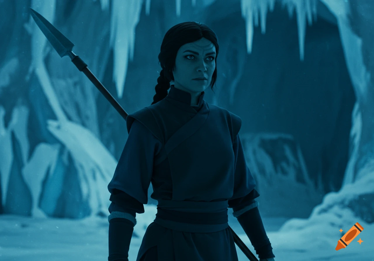 A woman holds a spear in an icy cave.