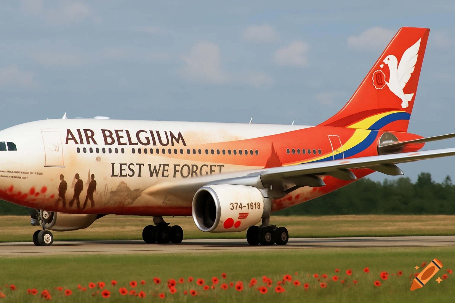 An airplane with World War I commemorative livery, showing soldiers silhouettes and poppies, on a runway.