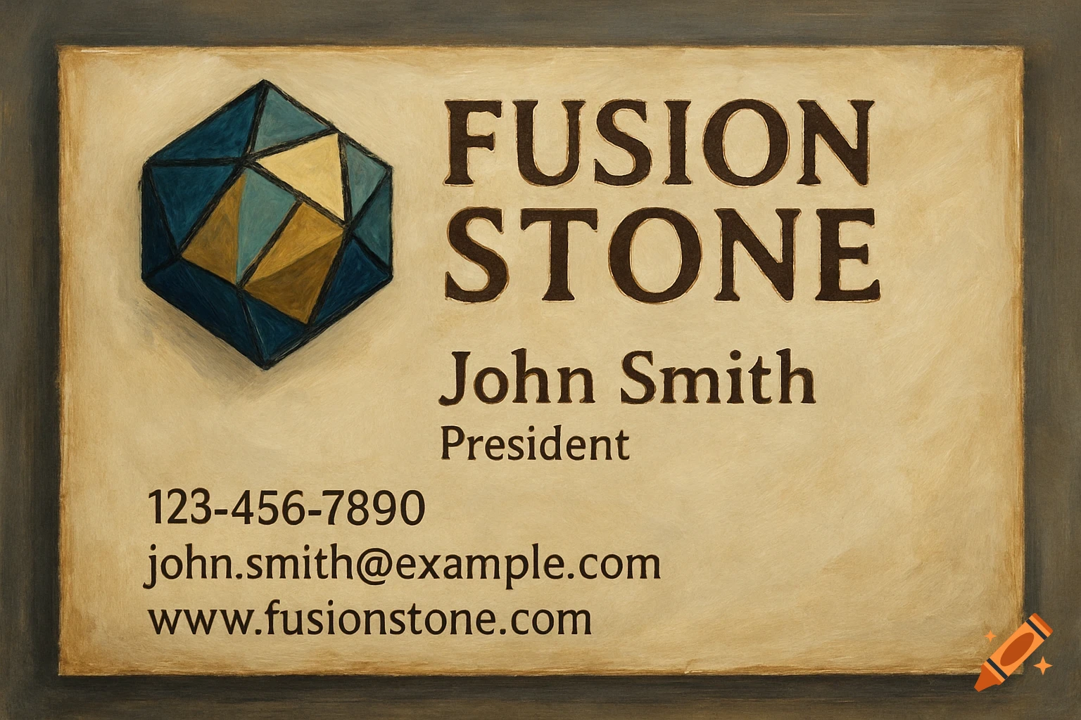 Fusion Stone business card with geometric logo in a painted style.