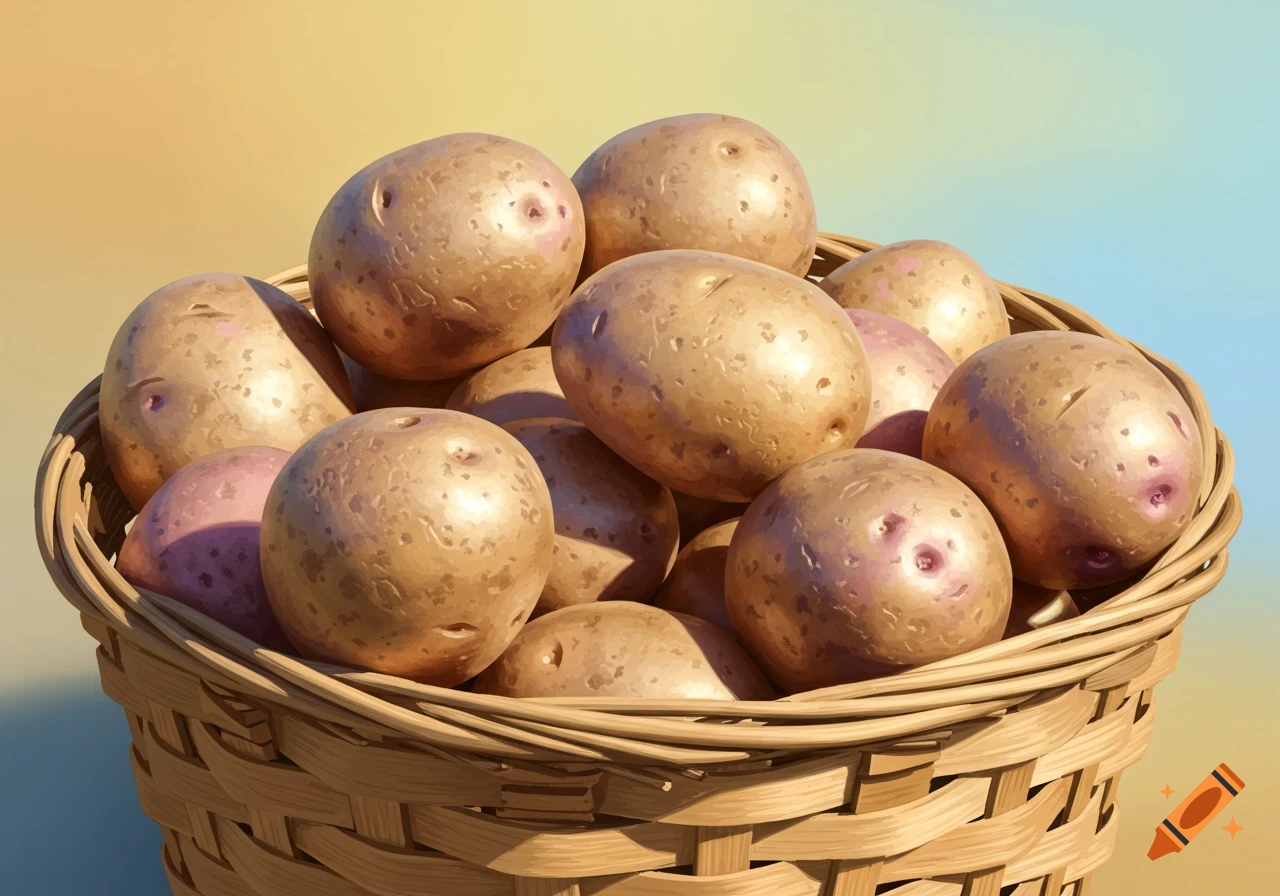 A close-up of a wicker basket overflowing with light brown and reddish potatoes.
