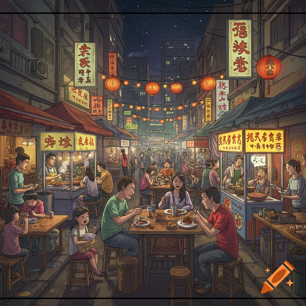 A bustling street food market at night with people eating at tables and stalls, lit by lanterns. Illustrated style.