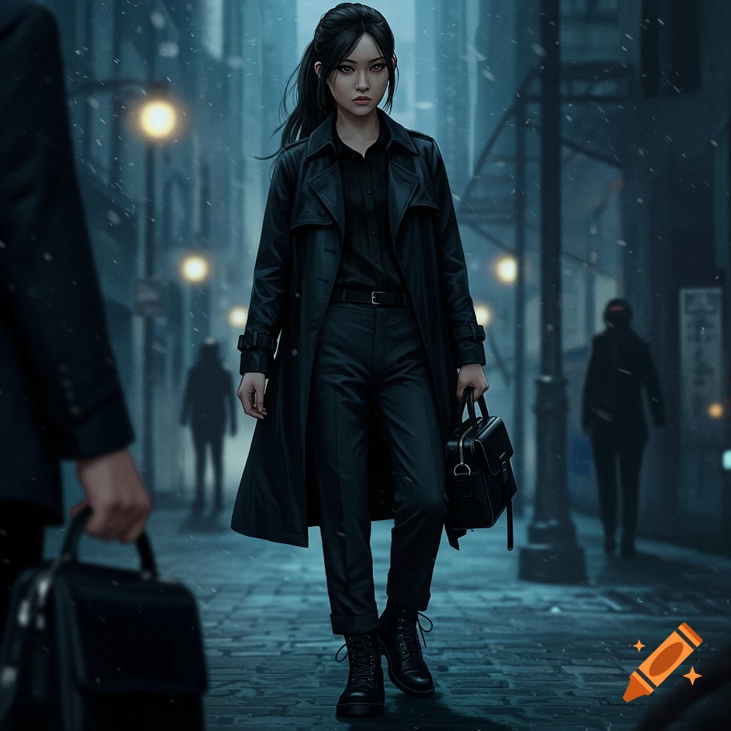 A woman in a black trench coat walks down a dark, rainy city street at night, holding a briefcase.