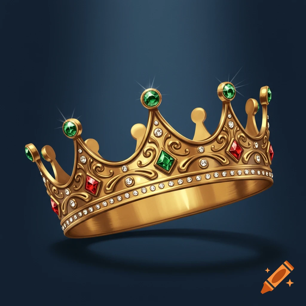 Golden crown with red and green jewels on a dark background.
