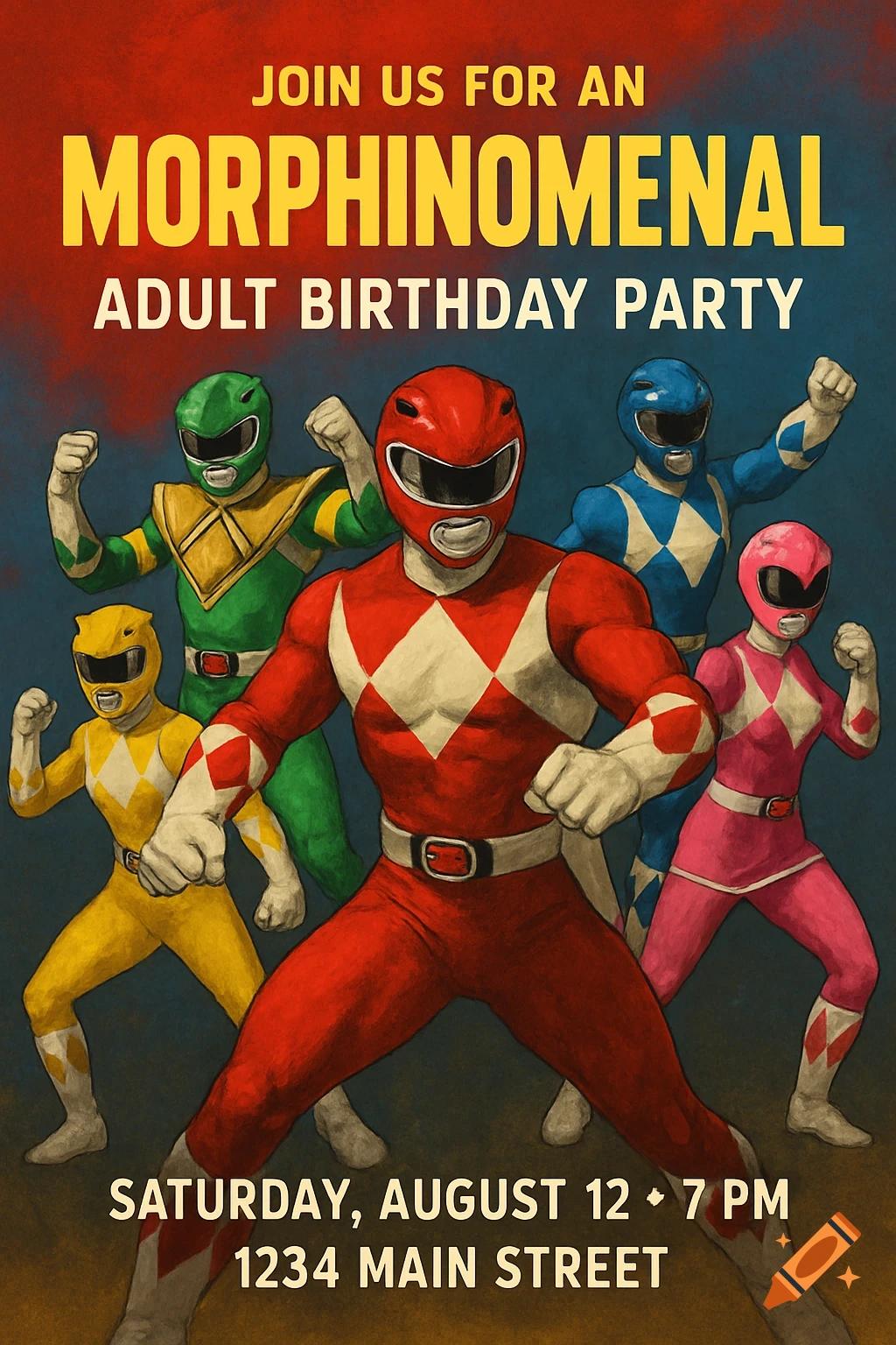 Power Rangers adult birthday party invitation poster with Red, Green, Blue, Pink, and Yellow rangers and event details.