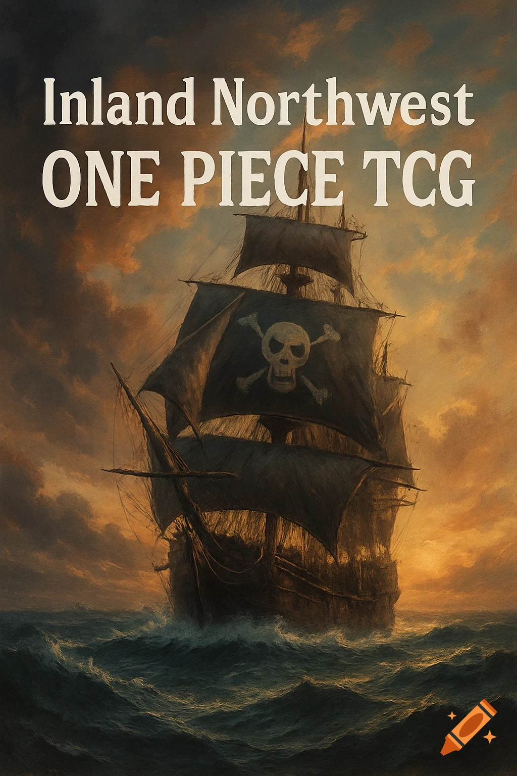 A pirate ship sails on rough seas under a dramatic, cloudy sky with text overlay.