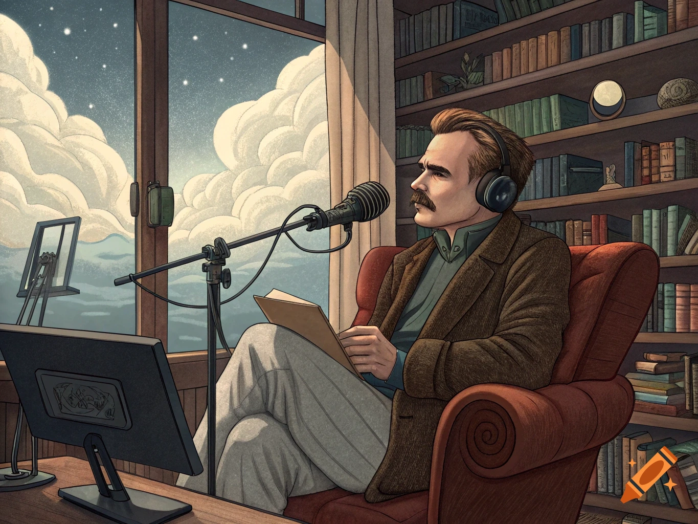 A drawing of Friedrich Nietzsche wearing headphones and speaking into a microphone in a study with bookshelves.