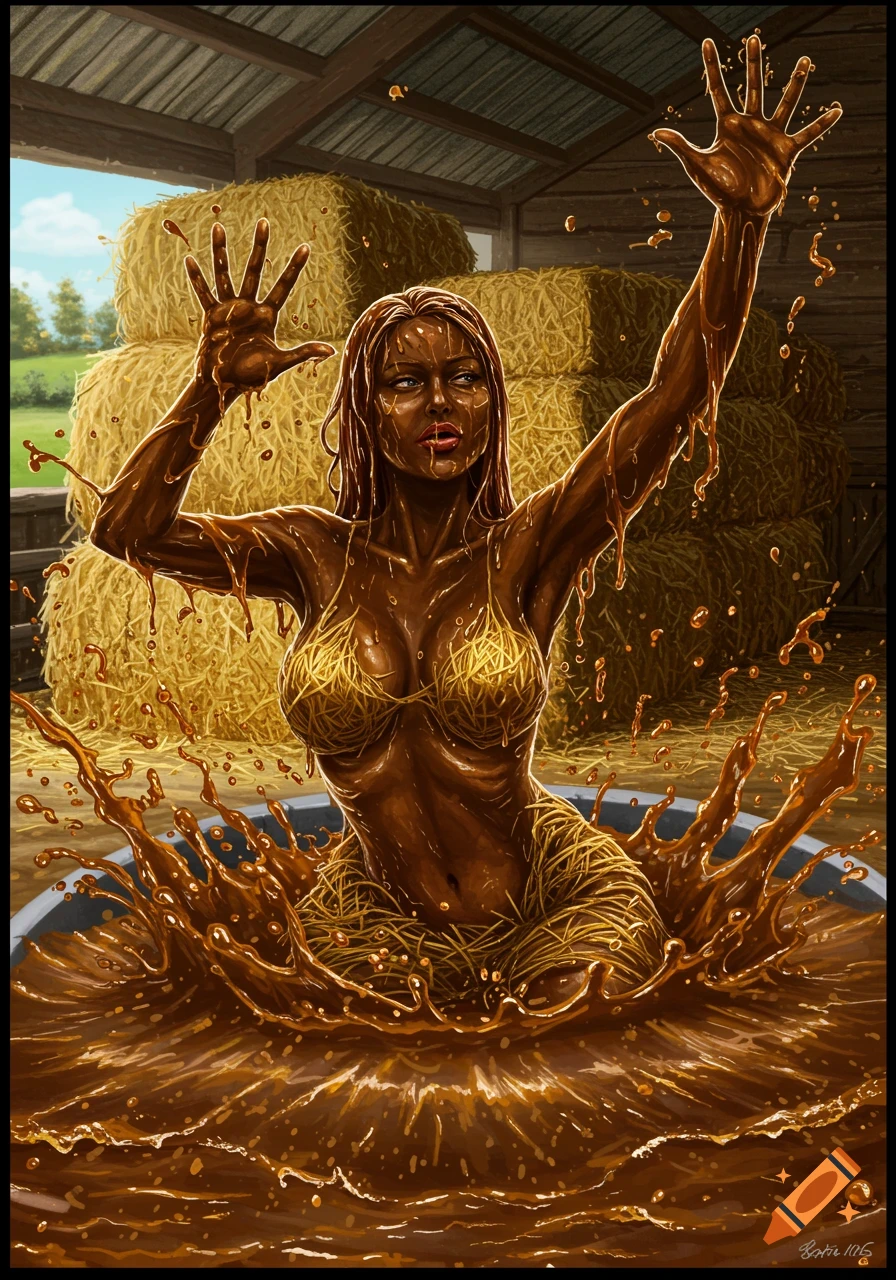 Digital painting of a woman covered in molasses struggling in a vat in a barn, splashes around her.