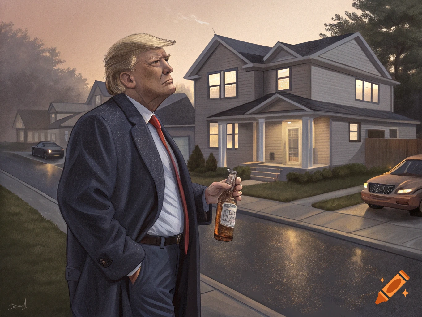 Donald Trump stands outside a suburban house at dusk holding a bottle in a realistic style.