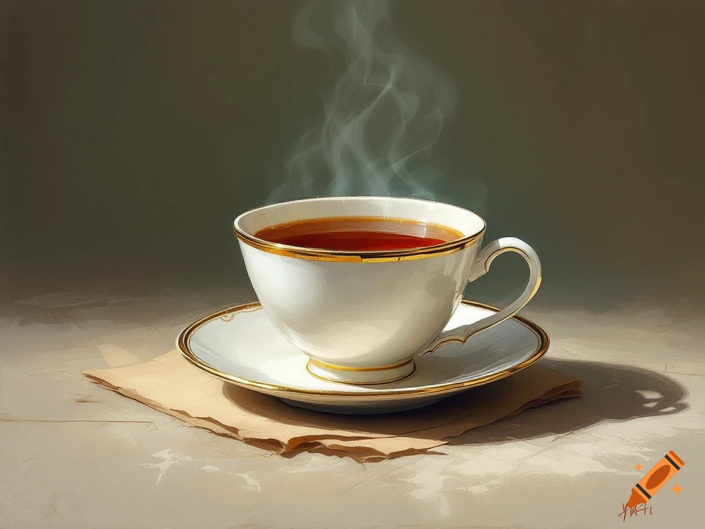 Painting of a steaming tea cup on a saucer next to crumpled paper.
