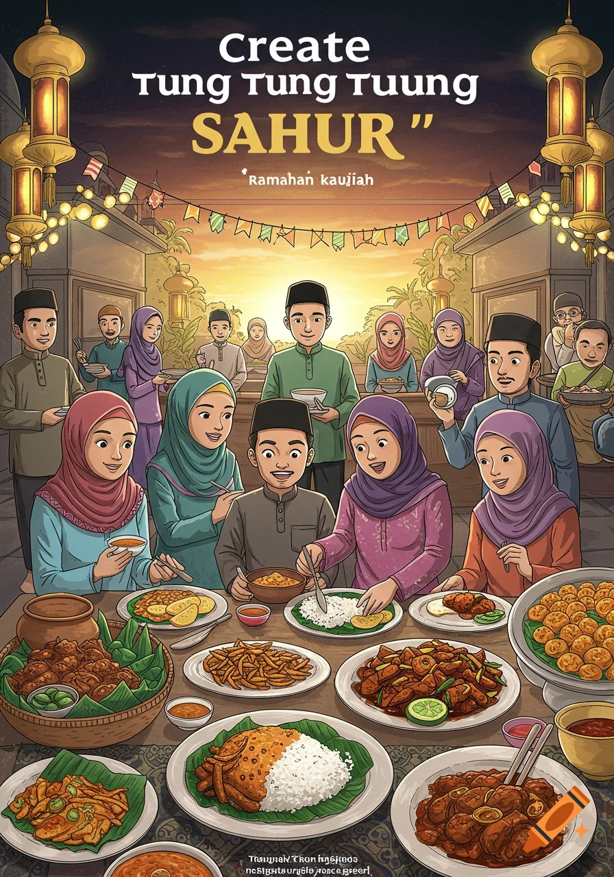 Illustrative scene of a Muslim family or group eating a meal together during Ramadan.